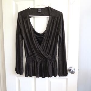 Ella Moss Soft Peplum Wrap Long Sleeve Blouse Black Gold Shine Size Small
